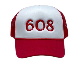 608 Madison Wisconsin Red and White Foam Trucker Hat Raised Puff 3D Embroidery