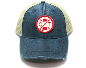 Distressed Connecticut Trucker Hat with Embroidered State Patch and Snapback Closure - Handmade to Order