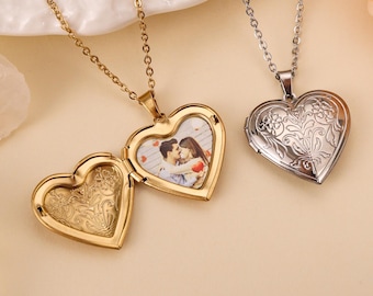 Heart Photo Locket Necklace • Custom Engraved Necklace • Engraved Locket with Photos • Christmas Anniversary Gift • Best Friend Gift for Her