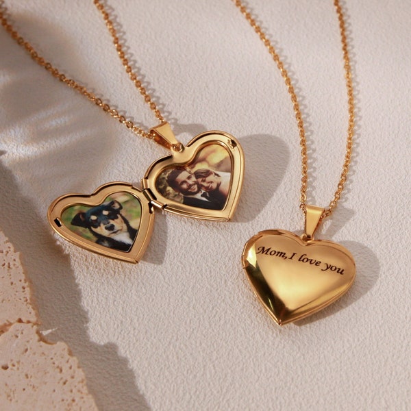 Heart Photo Locket Necklace • Custom Engraved Necklace • Engraved Locket with Photos • Christmas Anniversary Gift • Best Friend Gift for Her
