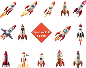 May include: A set of 12 cartoon rocket illustrations in various poses, with red, white, and black colors. The rockets are in different stages of flight, some with flames and smoke, others with open hatches. The text "clipart rockets 61 png" is in the center of the image.