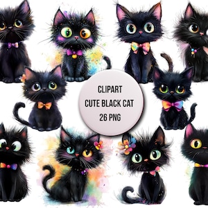 Black Cat Clipart Bundle, Cute Cat PNG, Digital Fluffy Cat, Transparent Background, Instant Download Commercial Use
