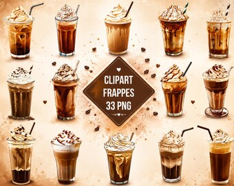 May include: A collection of fourteen digital illustrations of iced coffee frappes in clear plastic cups with whipped cream and straws, arranged around a central brown diamond-shaped sign with the text CLIPART FRAPPES 33 PNG and scattered coffee beans.