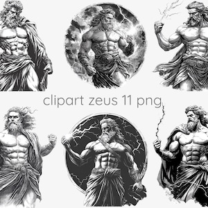 Op de afbeelding: Zwart-witte digitale illustratie van Zeus, de Griekse god van de hemel en de donder, die een bliksem in zijn hand houdt. Hij is afgebeeld met een baard, lang haar en een gespierd lichaam. Hij draagt een toga en sandalen. De afbeelding is tegen een achtergrond van wolken en bliksem.