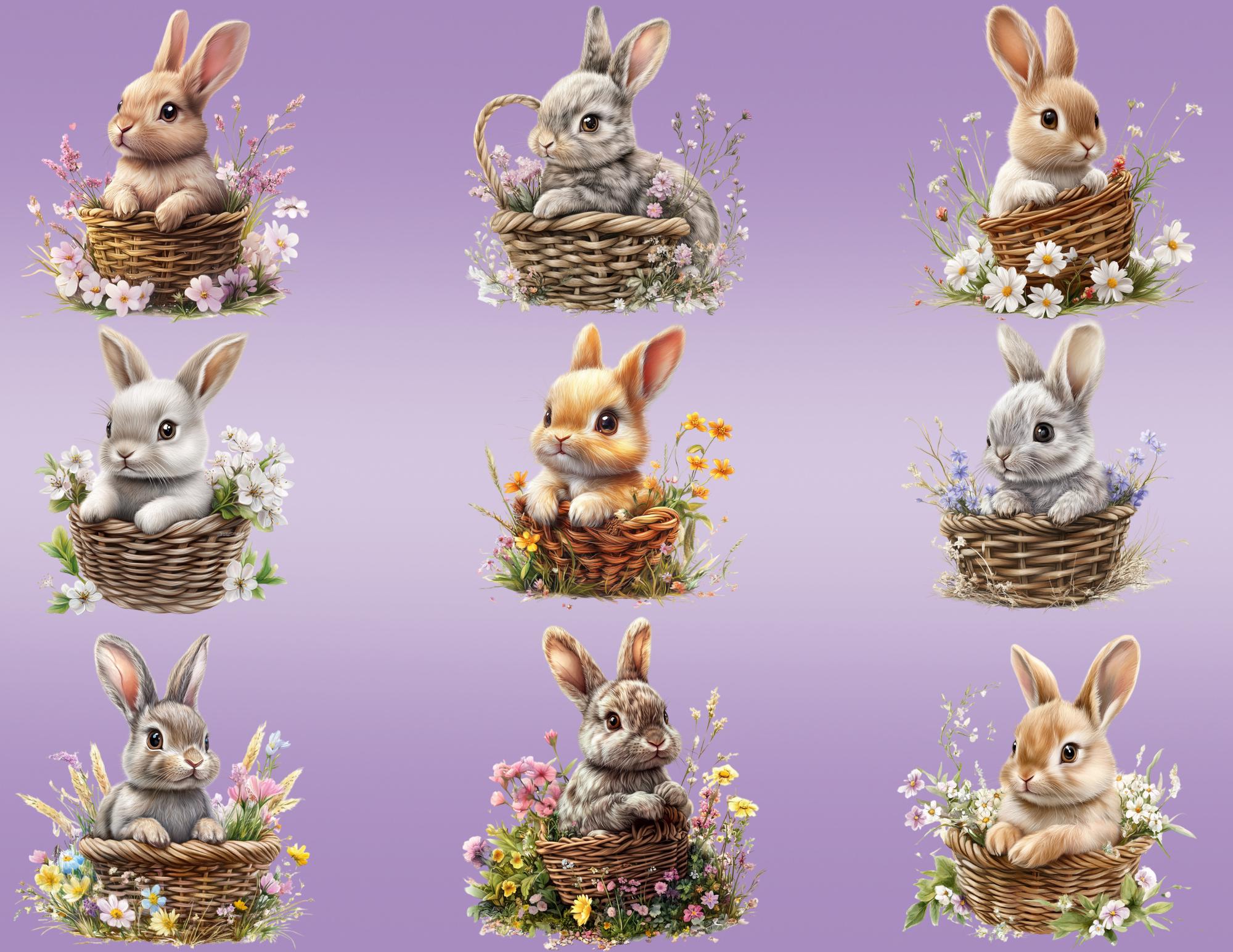 Bunny Clipart Bundle: Easter Rabbit PNG, Spring Floral Basket ...