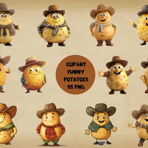 May include: A set of 10 cartoon potato characters wearing cowboy hats and outfits. The potatoes are all smiling and have different expressions. The potatoes are all wearing different colored shirts and pants. The potatoes are all standing on a brown background. CLIPART FUNNY POTATOES 55 PNG