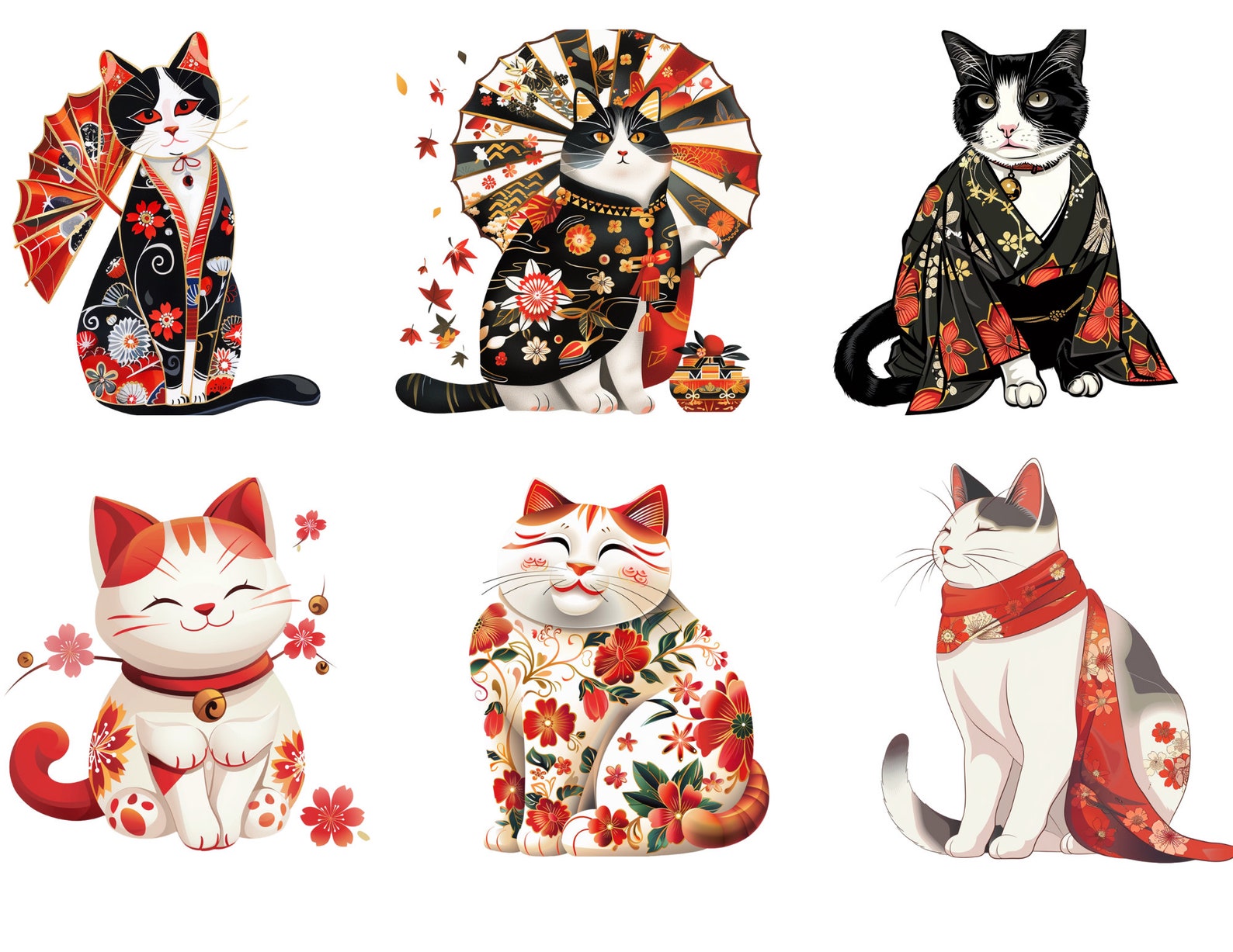 Clipart Japanese Cats | Japanese Cats PNG | Digital Print Japanese Cats ...