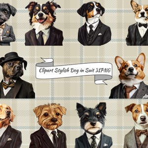 Stylish Dogs In Suits Clipart, Fashionable Canine PNG, Elegant Animal Clipart, Transparent Background, Instant Download, Commercial Use