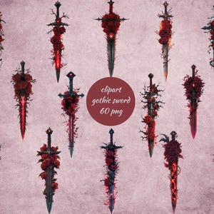 May include: A set of 12 digital clipart images of gothic swords with red roses and thorns. The swords are black with red accents and are set against a pink background.