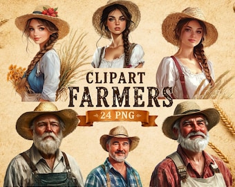 May include: A collection of digital illustrations featuring farmers wearing straw hats, including young individuals in white blouses and older individuals with beards in plaid shirts and overalls, with the text CLIPART FARMERS 24 PNG.