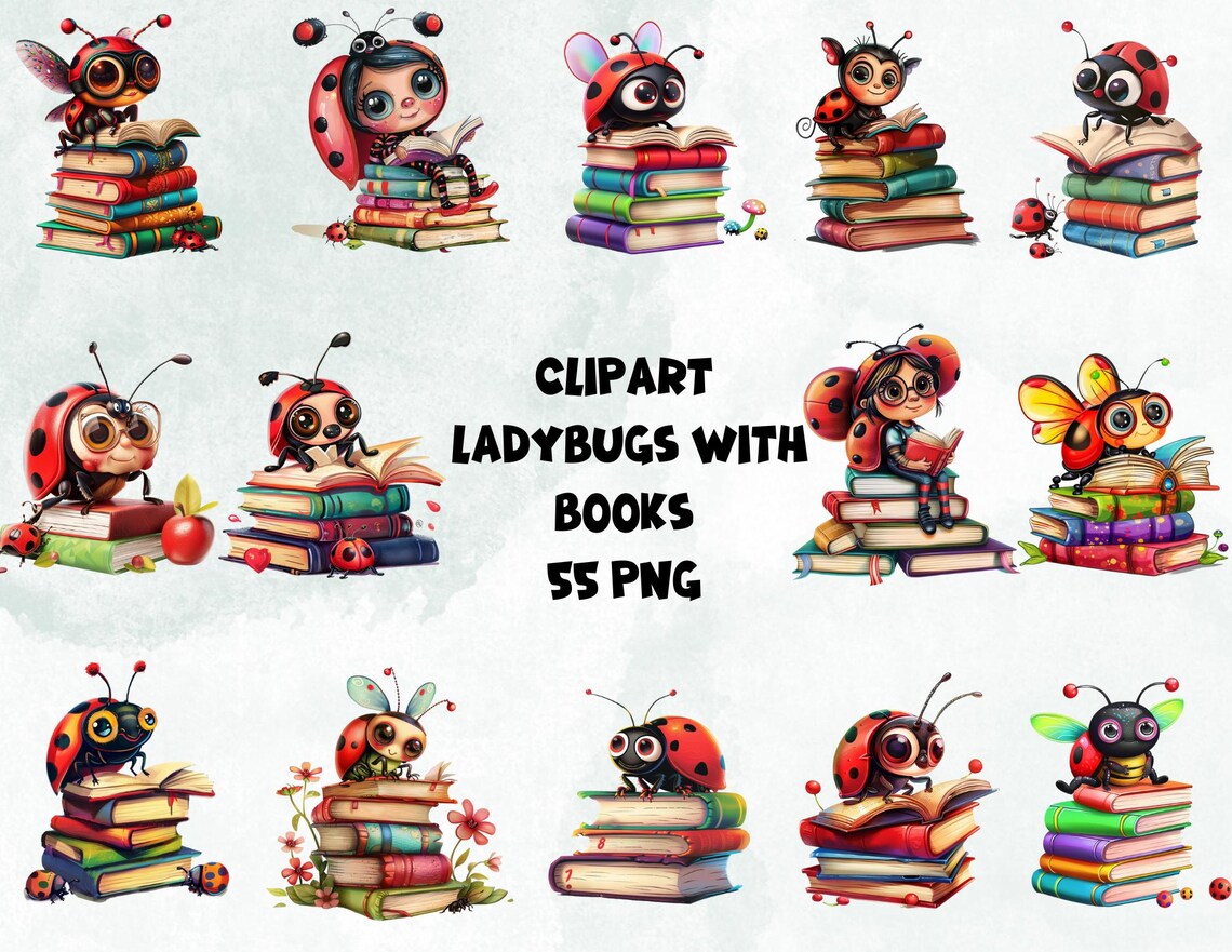 Ladybug Reading Clipart, Back to School 55 PNG Bundle (commercial Use ...