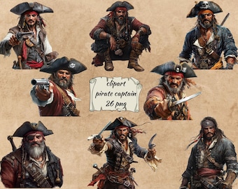 May include: A digital clipart set of 10 pirate captains with swords, pistols, and bandanas. The pirates are wearing various colorful clothing and hats. The background is a brown parchment texture. The text "clipart pirate captain 26 png" is at the bottom of the image.