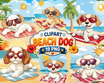 Beach Dog Clipart: Summer Puppy PNG Bundle (Commercial Use)