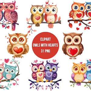 Clipart Owls With Hearts | Pretty Owls With Love PNG | Digital Print Funny Owls | Transparent Background | High Quality Instant Download