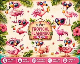 Tropical Flamingo Clipart – Summer Drinks, PNG Stickers (Commercial Use, Instant Download, 22 PNG)