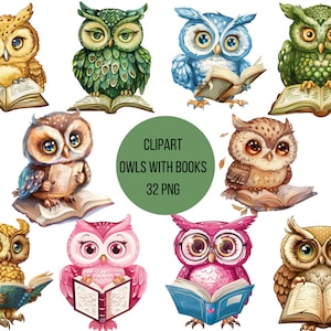 Clipart Owls With Books | Pretty Owls PNG | Digital Print Cute Owls With Books | Transparent Background | High Quality Instant Download