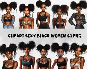 Op de afbeelding: Digitale illustraties van negen zwarte vrouwen met diverse kapsels en outfits. De vrouwen worden in verschillende poses getoond, gekleed in crop tops, spijkerjacks en andere modieuze kleding. De tekst "CLIPART SEXY BLACK WOMEN 41 PNG" is inbegrepen.