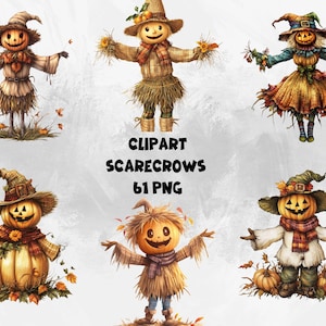 Scarecrow Clipart PNG Bundle, Cute Pumpkin Head Autumn Characters, Fall Halloween Illustration Set, Instant Download, Commercial Use