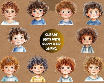 Clipart Little Boys With Curly Hair | Curly Hair Decor | Digital Print Curly Boys | Transparent Background | High Quality Instant Download