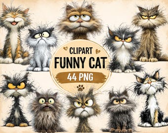 Funny Cat Clipart Bundle, Cartoon Kitty 44 PNG  (Commercial Use, Instant Download)