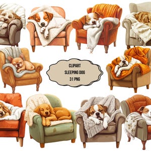 Puede incluir: Un conjunto de 10 imágenes de clipart digital que muestran perros durmiendo en varias poses y colores. Los perros están en diferentes sillones y sofás, con mantas y almohadas. El clipart es perfecto para crear tarjetas de felicitación, invitaciones y otros proyectos digitales.