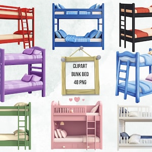 Puede incluir: Un conjunto de 10 imágenes de clipart de literas en varios colores, incluidos rojo, morado, azul, verde, rosa y blanco. Las imágenes son de estilo de dibujos animados y son perfectas para usar en proyectos digitales.