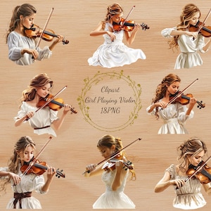 Violin Girl Clipart Bundle | Musical Instrument PNG | Digital Print Artisitc Design | Transparent Background Instant Download Commercial Use