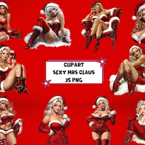 Peut inclure: Un ensemble de 35 images clipart numériques illustrant des femmes habillées en tenue de Père Noël rouge et blanche. Les images sont de style cartoon et présentent diverses poses et expressions.