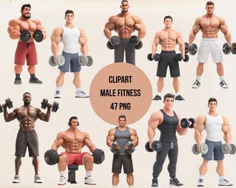 Clipart de entrenamiento en el gimnasio: Gráficos PNG de hombres musculosos (uso comercial, descarga digital)