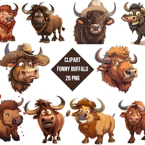 Puede incluir: Un conjunto de 26 ilustraciones de búfalos de dibujos animados en varias poses y expresiones. Los búfalos son marrones, tostados y negros con diferentes expresiones faciales y accesorios, incluido un sombrero de vaquero.