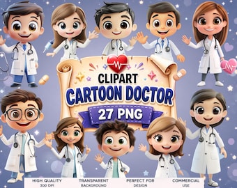 Clipart di dottori in stile cartone animato: Pacchetto PNG a tema medico (Download immediato)