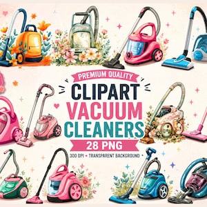 Whimsical Vacuum Cleaner Clipart Set, Home Decor 28 PNG (Commercial Use, Instant Download)