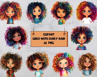 Clipart Girls With Curly Hair | Adorable Decor | Digital Print Curly Hair Designs | Transparent Background | High Quality Instant Download