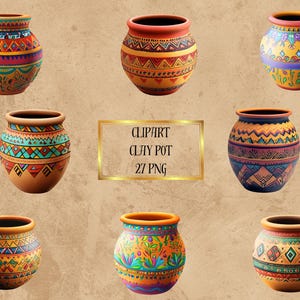 May include: Set of eight colorful clay pots with geometric and floral patterns. The pots are various sizes and shapes, with a brown base and vibrant colors.