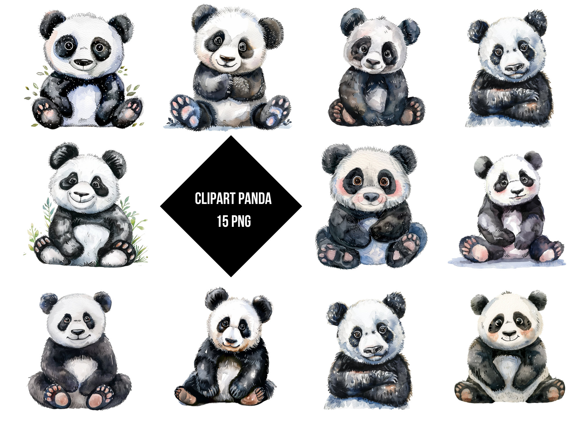 Panda Bears Clipart | Adorable Panda Bears PNG | Digital Print Decor ...