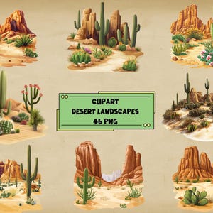 Clipart woestijnlandschappen | Digitale print cactus en zand | PNG | Transparante achtergrond | Directe download van hoge kwaliteit