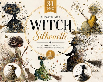 Clipart di una strega floreale in silhouette, Halloween 31 PNG (Uso commerciale, Download immediato)
