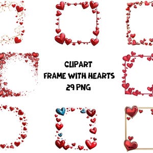 Conjunto de imágenes prediseñadas de marcos de corazón / Gráficos elegantes para invitaciones (Uso comercial, descarga instantánea, 29 imágenes PNG)