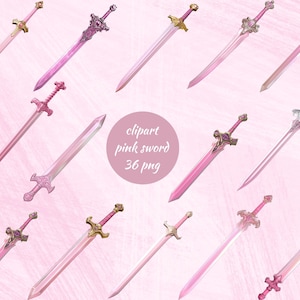 May include: A set of 36 pink sword clip art images. The swords have a variety of designs, including some with gold accents.