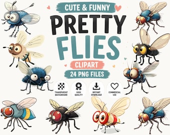 Funny Fly Clipart – Cartoon Insect PNG Illustrations (Commercial Use, Instant Download 24 PNG)