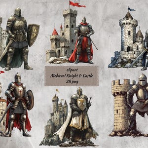 Medieval Knight & Castle Clipart Bundle,  28 PNG, Fantasy Warrior Art, Transparent Background Instant Download Commercial Use