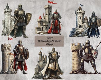 Paquete de imágenes prediseñadas de caballeros medievales y castillos: Arte de guerreros fantásticos (28 PNG) (uso comercial)