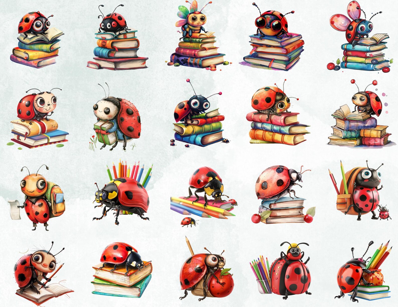 Ladybug Reading Clipart, Back to School 55 PNG Bundle (commercial Use ...