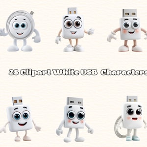 Könnte beinhalten: Sechs weiße USB-Charaktere mit Cartoon-Gesichtern und Gliedmaßen. Eine Figur ist ein aufgerolltes Kabel. Der Text "28 Clipart White USB Characters" wird darunter angezeigt.