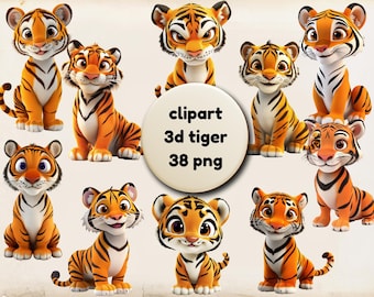 3D Tiger Jungtier Clipart, Dschungel-Kinderzimmer-Kunst (kommerzielle Nutzung, sofortiger Download)
