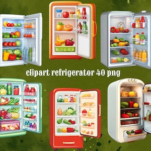 Puede incluir: Seis ilustraciones de dibujos animados de refrigeradores con puertas abiertas, cada uno lleno de varias frutas, verduras y bebidas. Los refrigeradores son de diferentes colores, incluyendo rojo, verde y blanco.