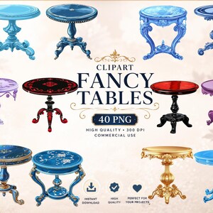 May include: A collection of twelve digital illustrations of round tables in various colors including blue, purple, red, black, and gold. The text CLIPART FANCY TABLES 40 PNG HIGH QUALITY 300 DPI COMMERCIAL USE is centered among the table graphics.