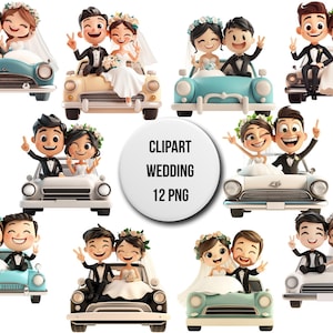 May include: A collection of 12 PNG clipart images featuring cartoon couples in wedding attire, riding in vintage cars. The couples are smiling and waving, with the text "CLIPART WEDDING 12 PNG" in the center.