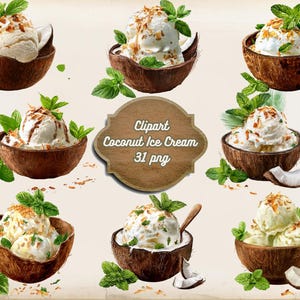 Coconut Ice Cream Clipart, Watercolor Tropical Dessert PNG, Coconut Bowl Digital Art, Exotic Summer Sweet, Instant Download, Commercial Use