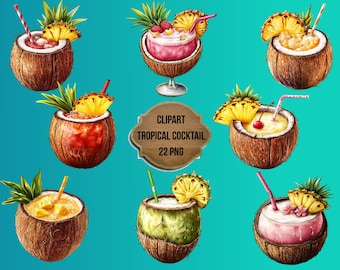 Tropical Coconut Cocktail Clipart: Summer Drinks PNG (22 Files)